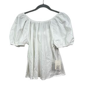 A‎ New Day Womens Blouse Top Back Keyhole Bow Tie Puff Short Sleeves White Sz S